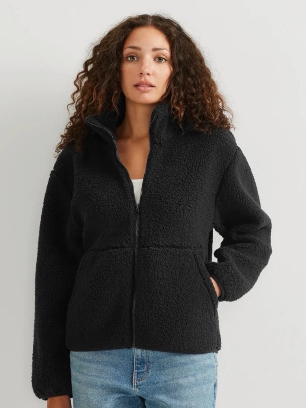 Black Plush Sherpa Fleece Zip-Up Jacket - Women XL Tall